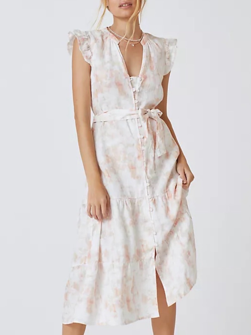 cloth & stone (Anthropologie) Blush Pink and White Tie-Waist Midi Dress